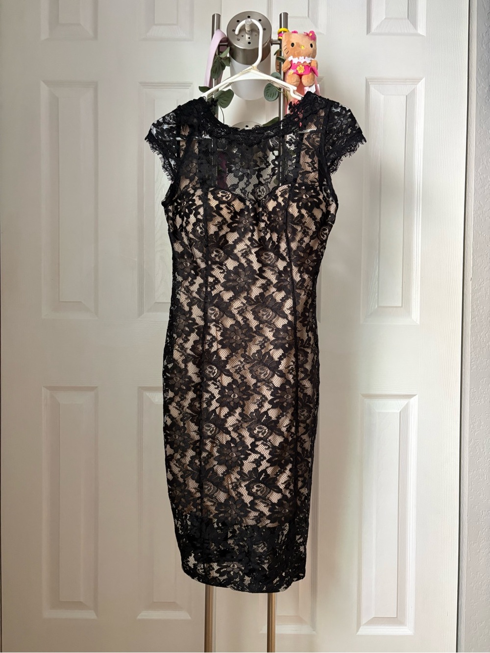 Black Lace Sheath Dress with Nude Lining - Women